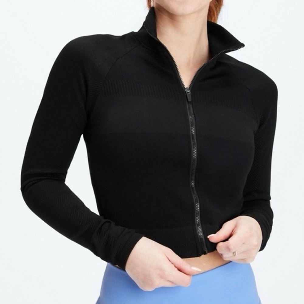 Fabletics Women's Black Cropped Double Zip-Up Jacket